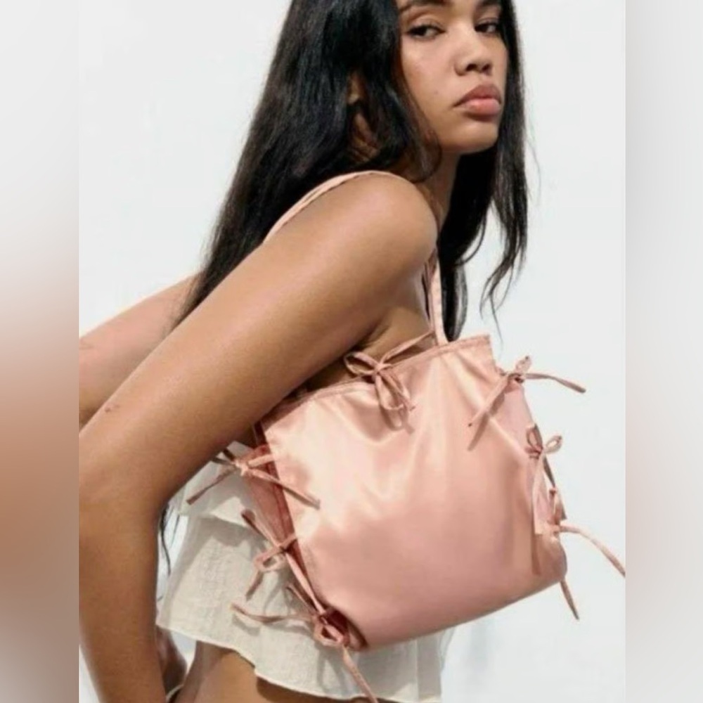 New Zara✨Bow Trim Satin Effect Small Tote Bag- Pink